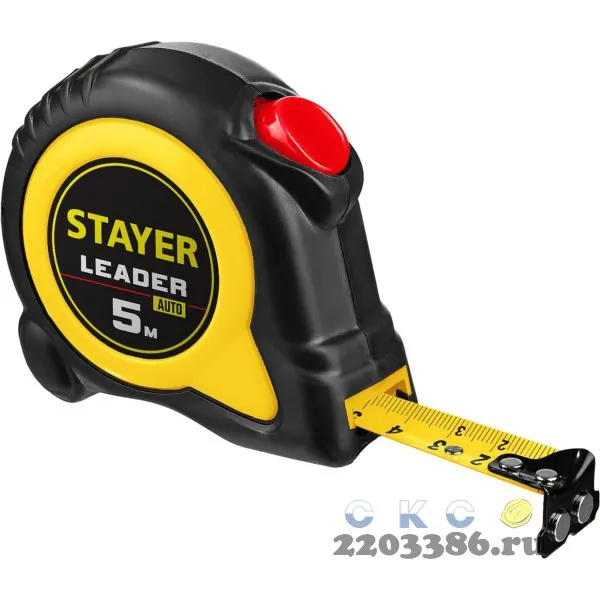 Рулетка с автостопом 5м / 19мм, в ударостойком обрезиненном корпусе, STAYER LEADER, 3402-05-19_z02