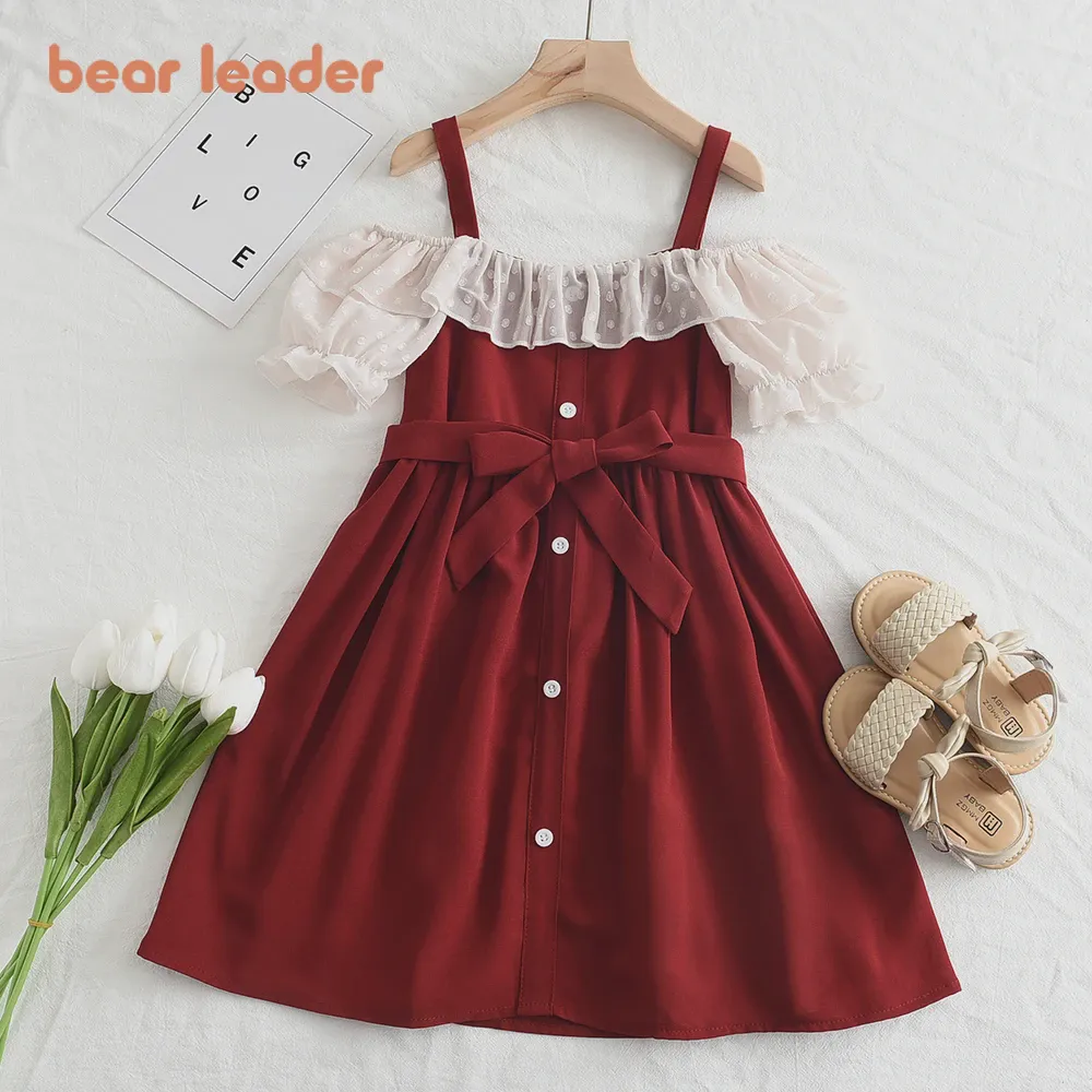 Bear Leader/ Новое Летнее Платье Для девочек, Новое Корейское Платье-пачка Для девочек, Кружевное Газовое Платье Принцессы С Открытыми плечами, Одежда Для Маленьких девочек, Vestidos